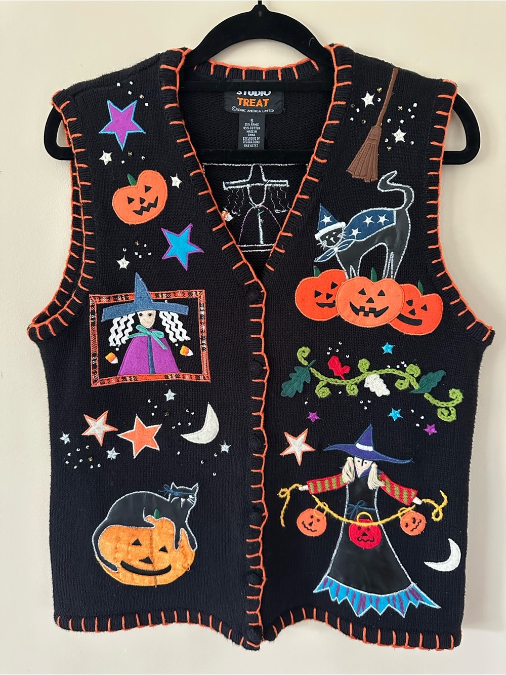 Vintage Halloween Sweater Vest Witch Pumpkin Cat Beaded Embroidered Novelty S
